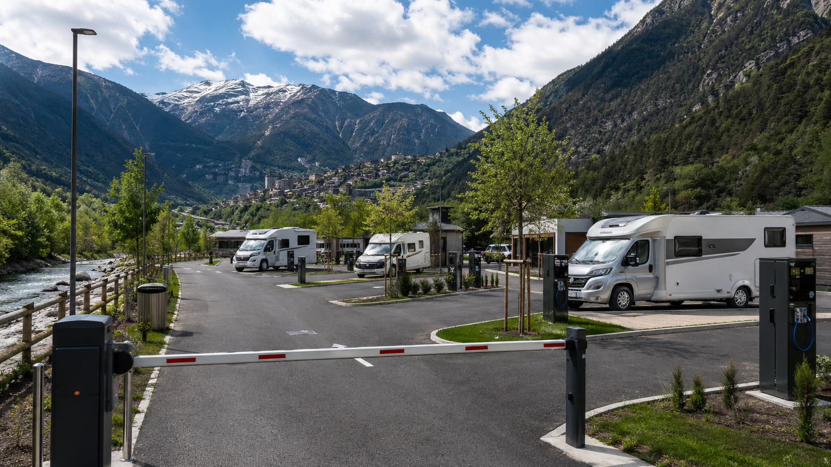 Motorhome area in Andorra with snowy mountains in the background