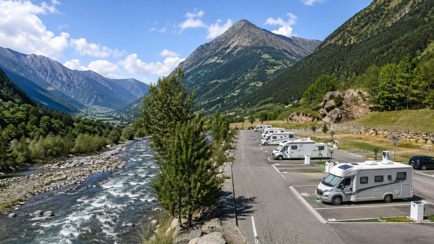 Àrea d'autocaravanes als Pirineus d'Andorra vora el riu