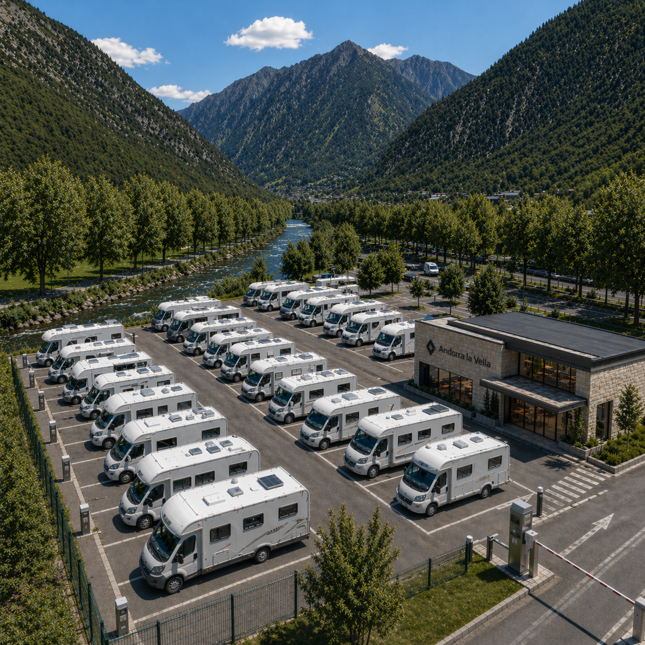 Autocaravana aparcada frente a un paisaje de montaña en los Pirineos de Andorra